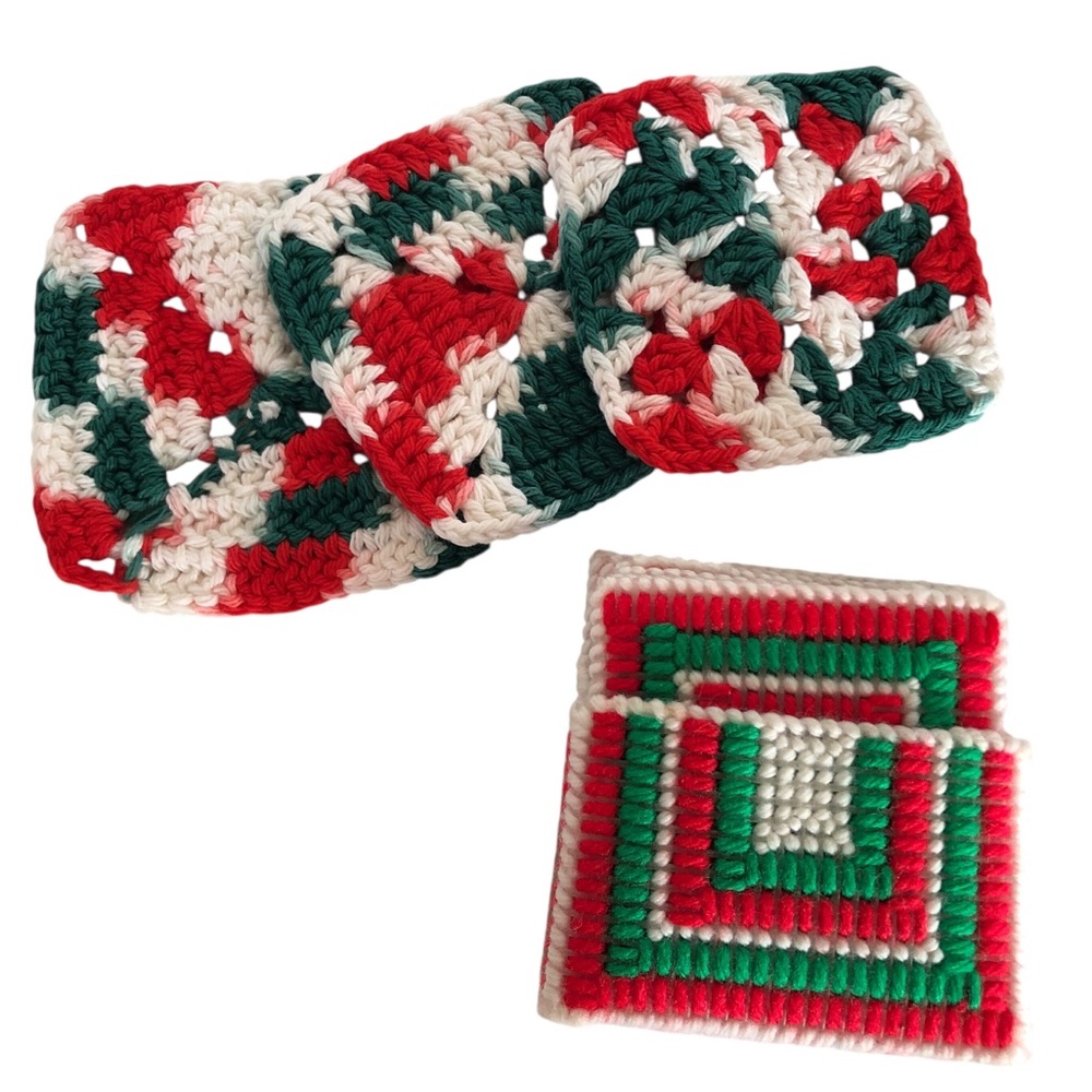 VINTAGE 70s Lot of 9 Christmas Crochet and Needlepoint Coasters Holiday Xmas